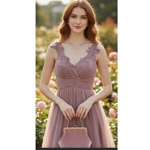 Womens Mauve Tulle Lace Trim V Neckline Smocked Back Fit Flare Dress Size Small